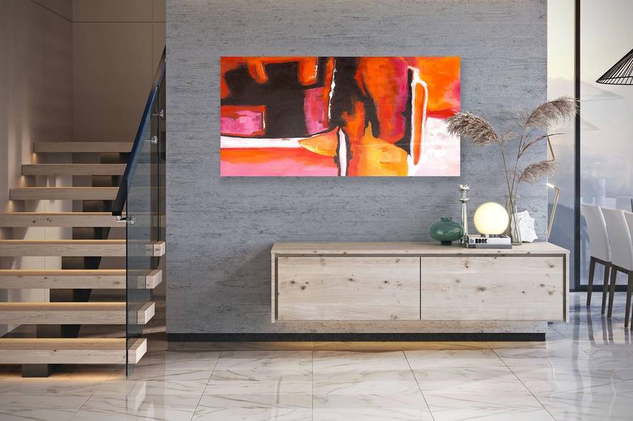 Red Hand-painted Handmade Hallway Orange White Abstract Canvas Artwork 3HO2P
